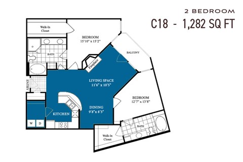 Floor plan for 2 beds, 2 baths, 1282 sqft